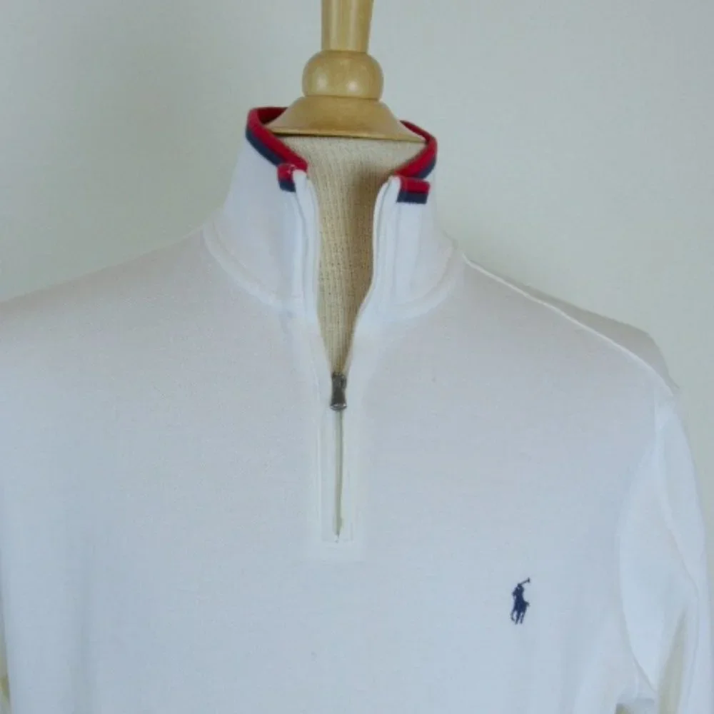 POLO BY RALPH LAUREN 100% COTTON knit white red blue zip pullover Sweater top S